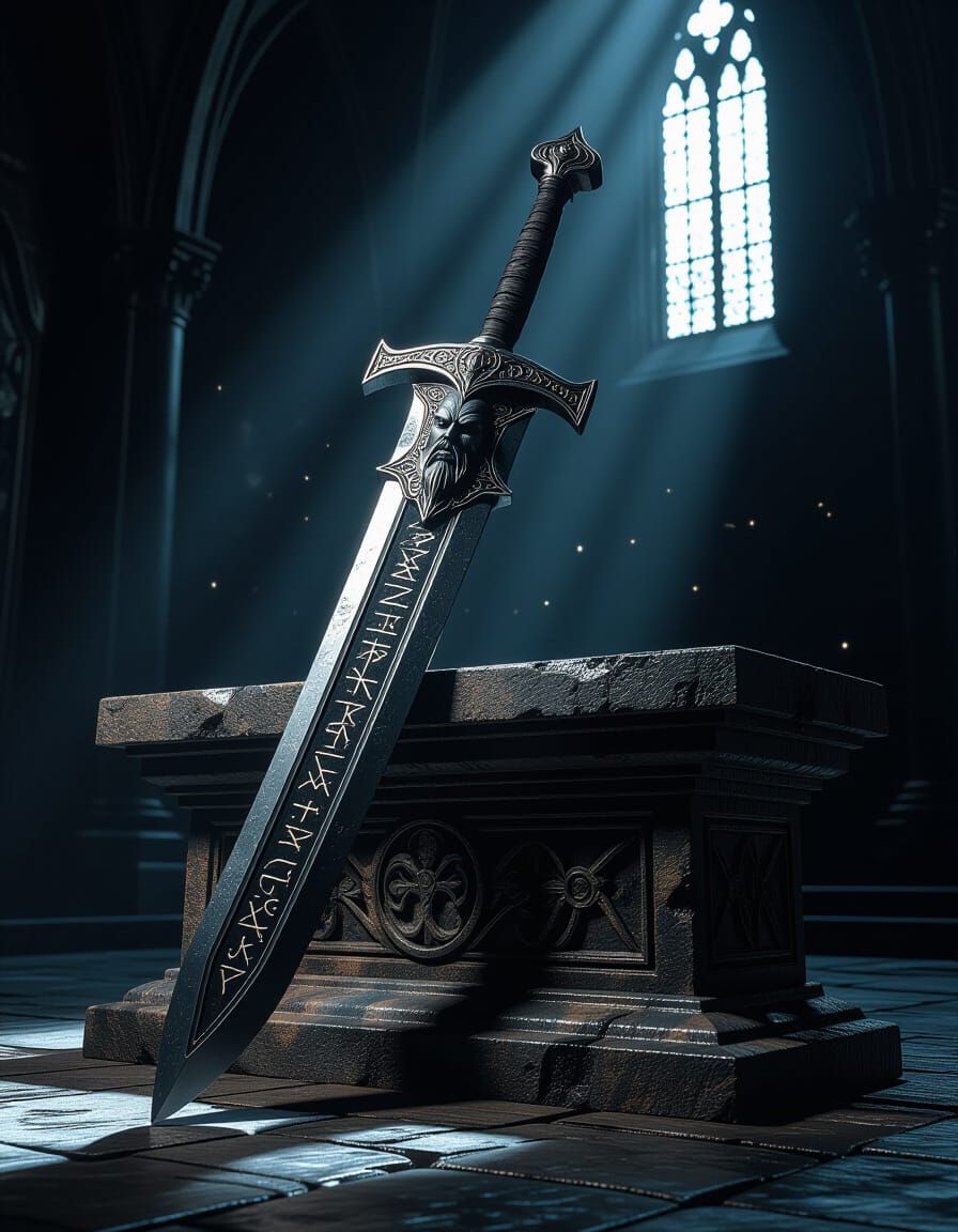 Ancient Broadsword with Warrior Hilt in Gothic Chamber