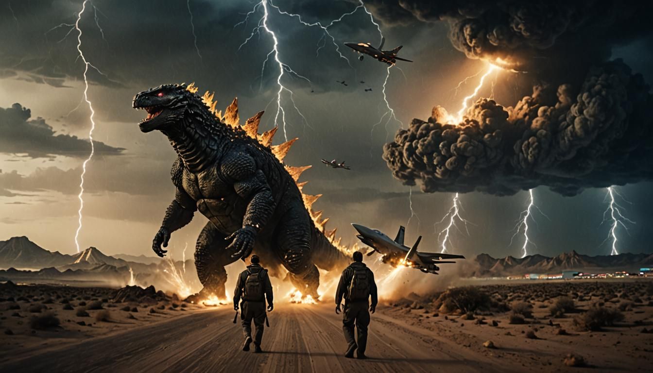 Godzilla Approaches Riyadh in Dramatic Cinematic Style