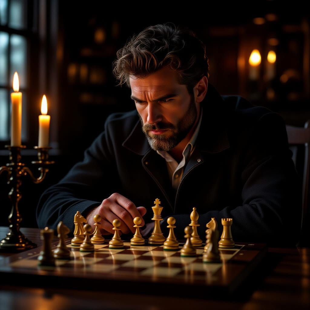 Man Studies Chessboard in Dramatic Candlelight
