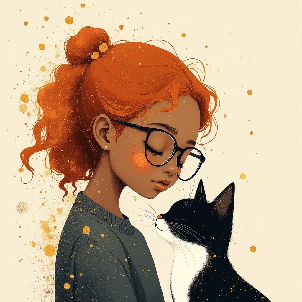Girl and Cat in Peaceful Pastel Illustration