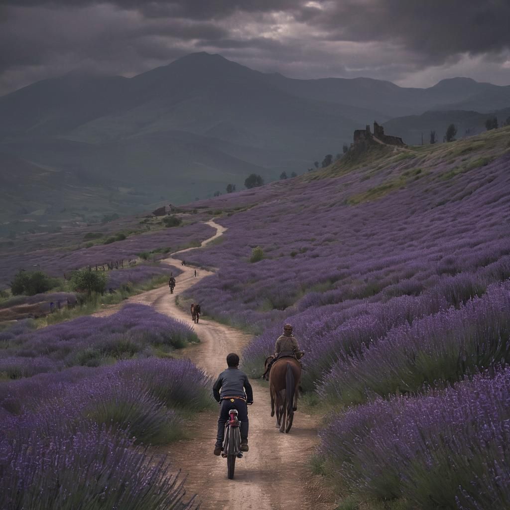 Ethereal Dark Fantasy Scene: Boys Ride Bikes Amidst Lavender...