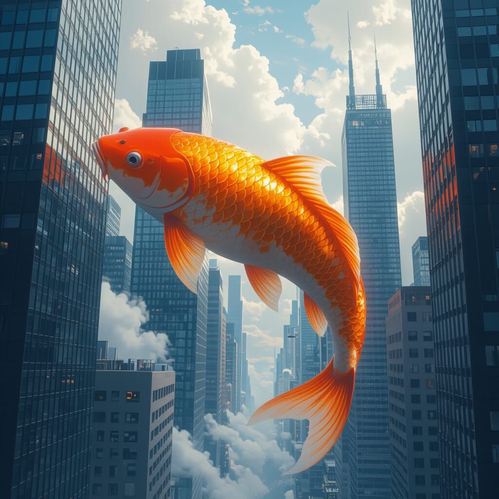 Giant Koi Fish Drifting Above City in Surreal Style