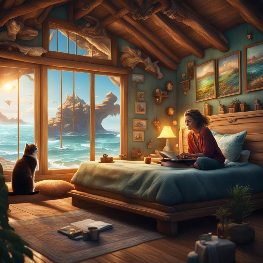 Woman and Cat in Beach House, Detailed Matte Painting