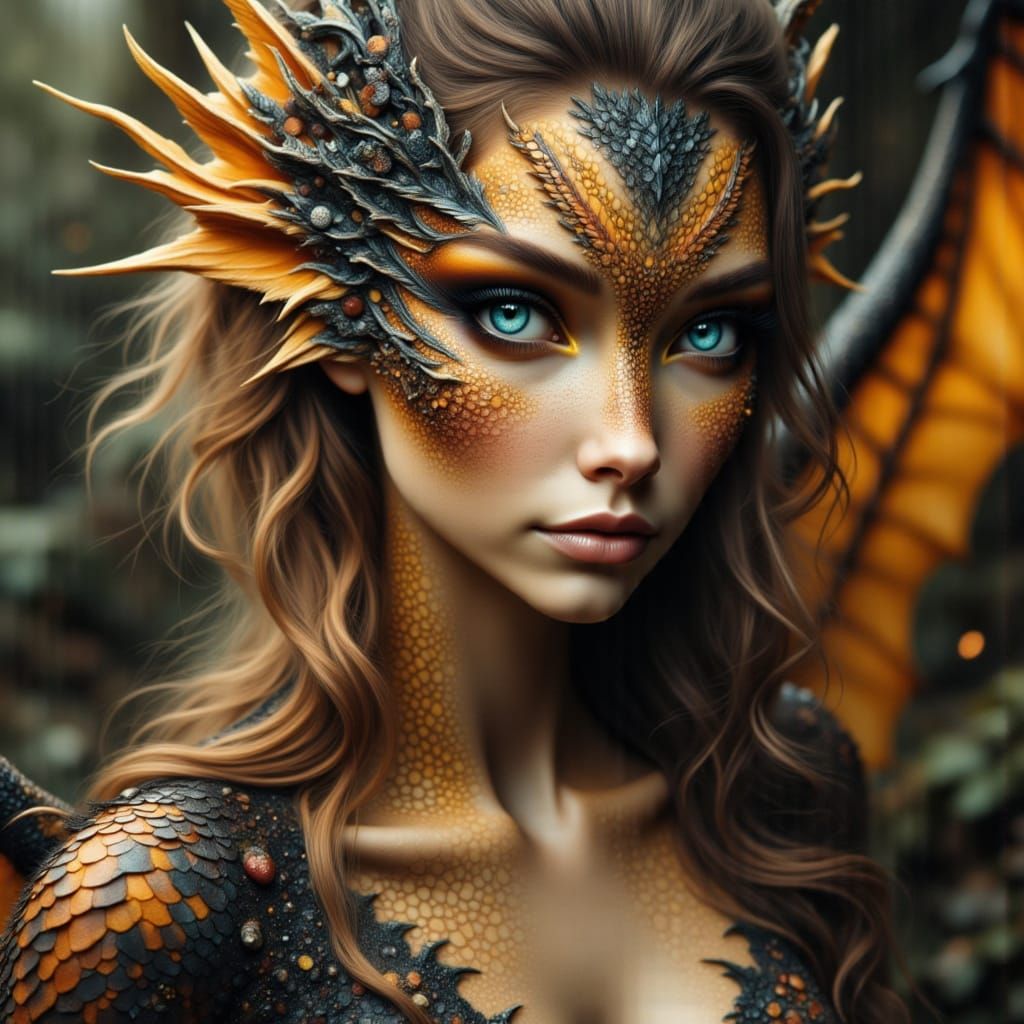 Yellow Dragon Woman with Silky Fur, Digital Art