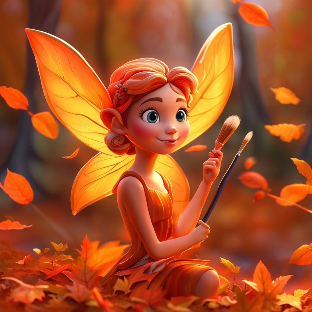 Autumn Fairy Painting Leaves in Pixar Style