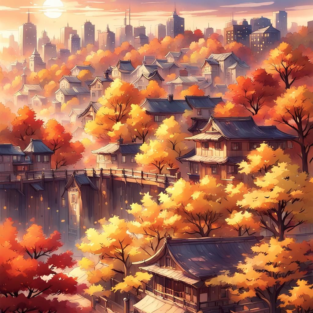 Anime-Inspired Autumn Cityscape in Warm Light