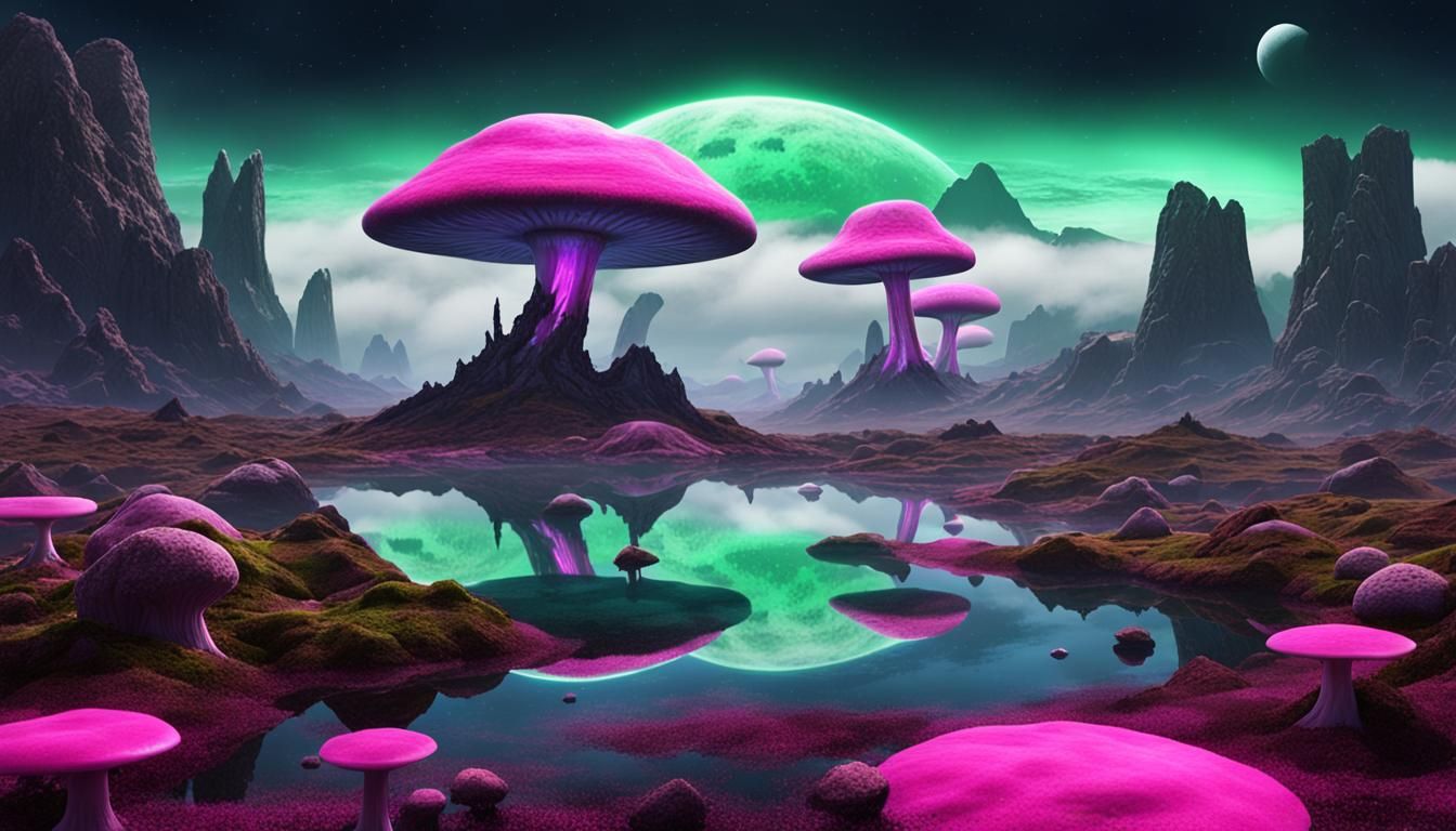Gray Alien on Strange Planet with Mushrooms