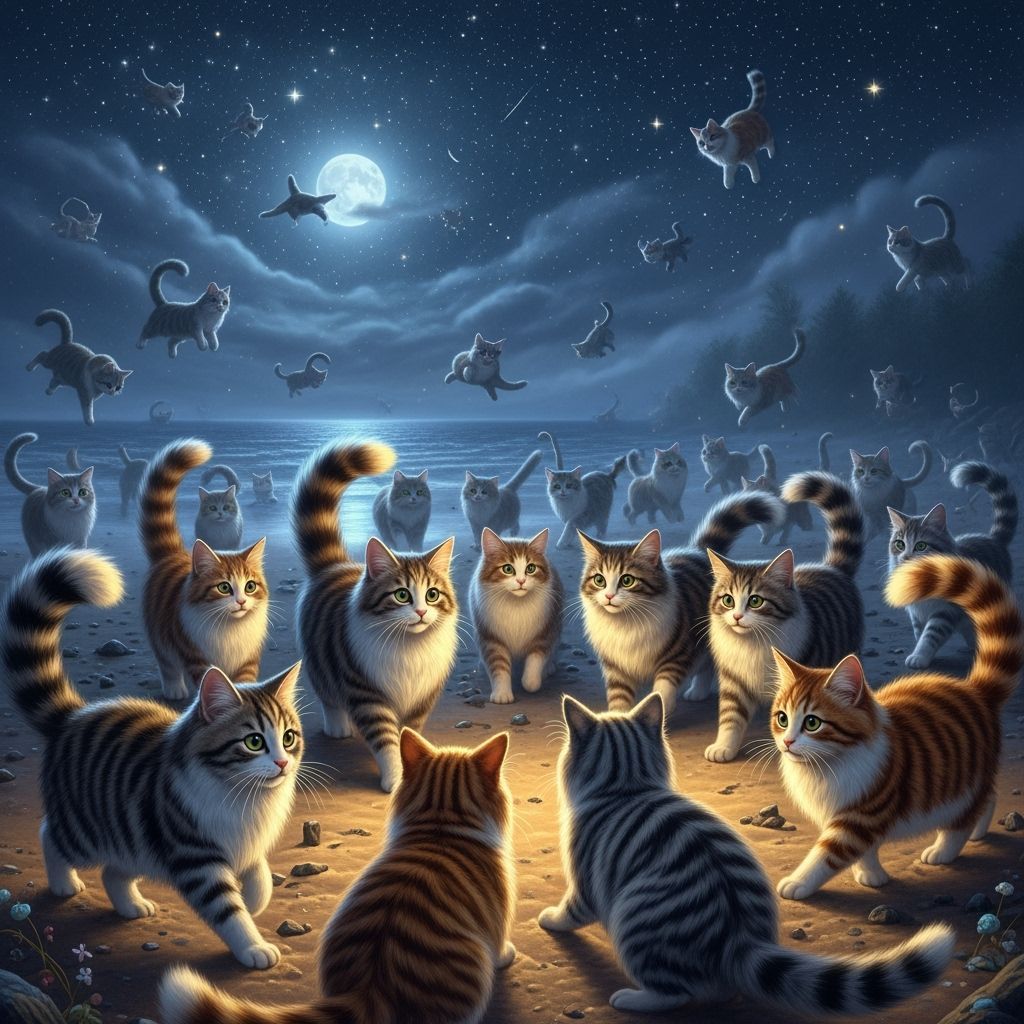 Fluffy Cats Playing on Moonlit Beach in Fantasy Style