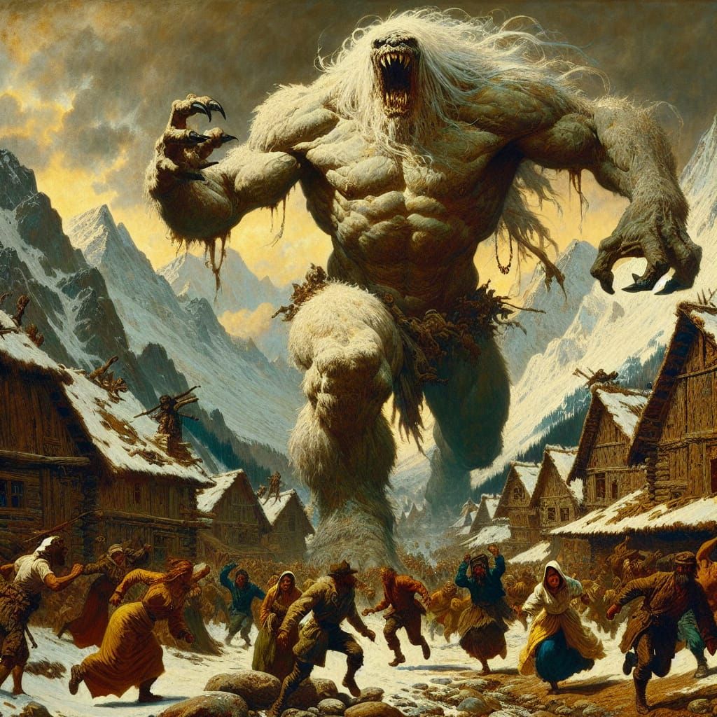 A huge, grotesque muscular, toothy, white furred creature te...