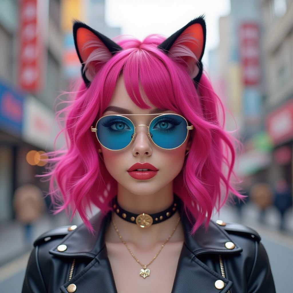 Pink-Haired Cat Girl in City, Pop Art Style