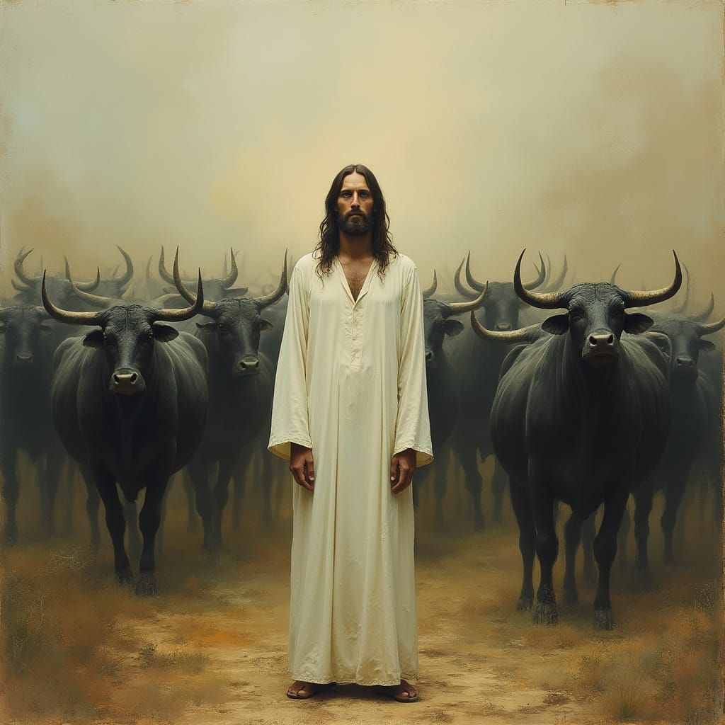 Jesus Surrounded by Bulls in Surrealist Style