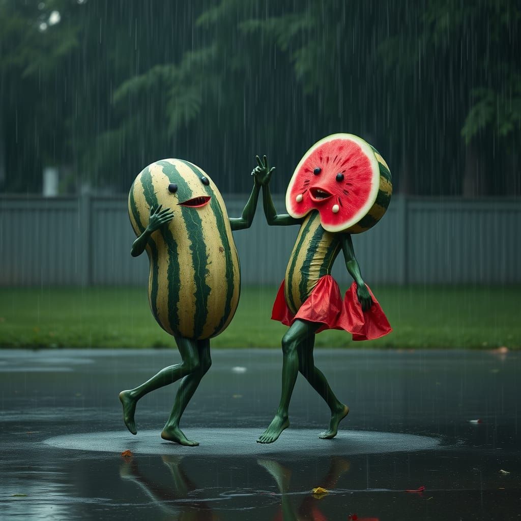 Vibrant Watermelon Dancers in a Rainy Scene