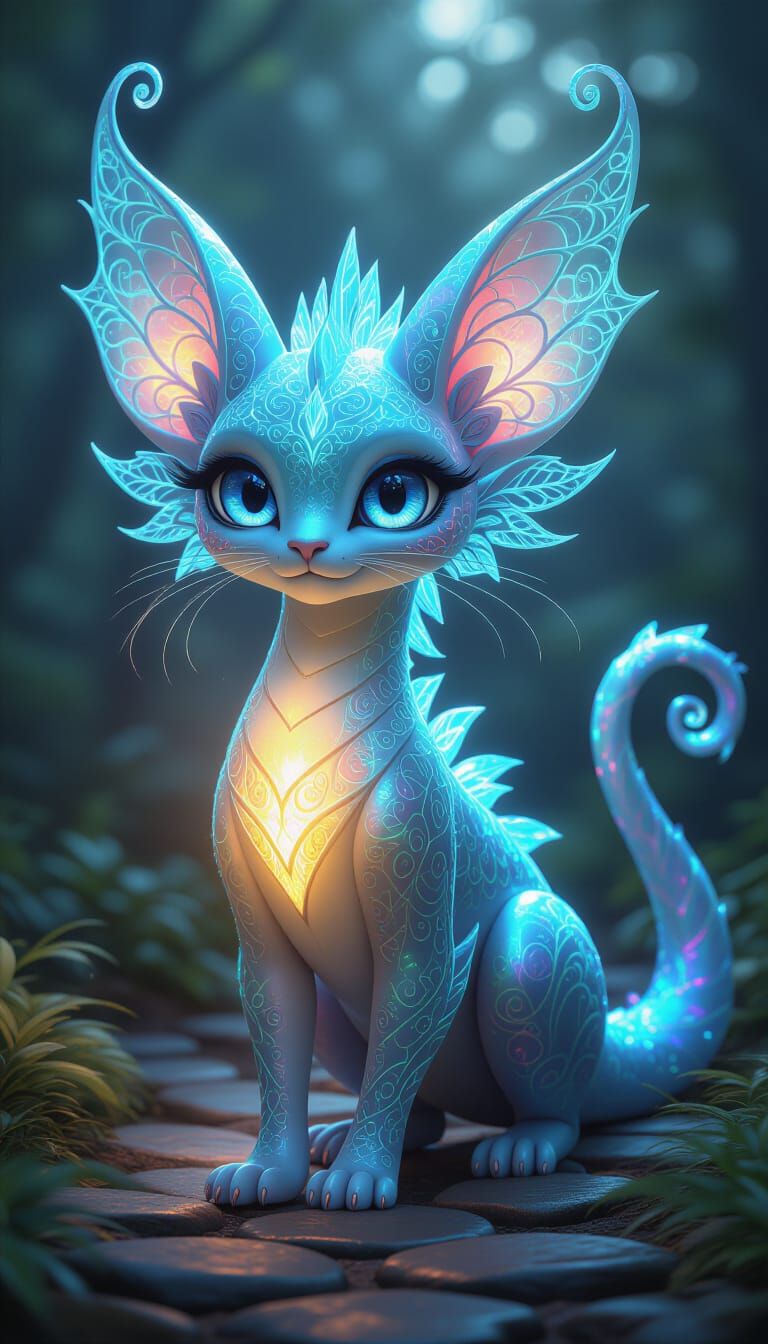 Iridescent Dragon-Feline in Enchanted Forest