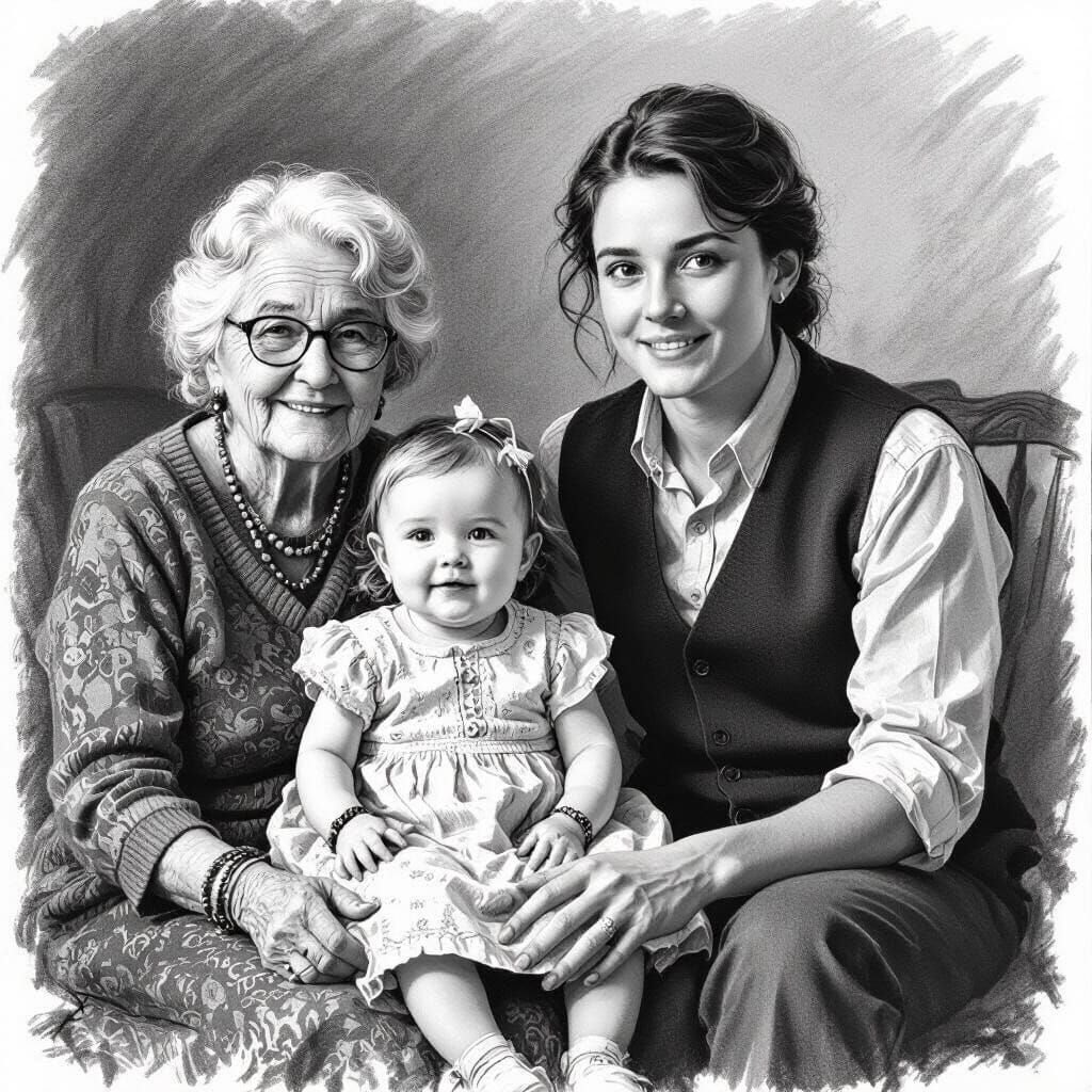 Black and White Pencil Sketch Family Portrait