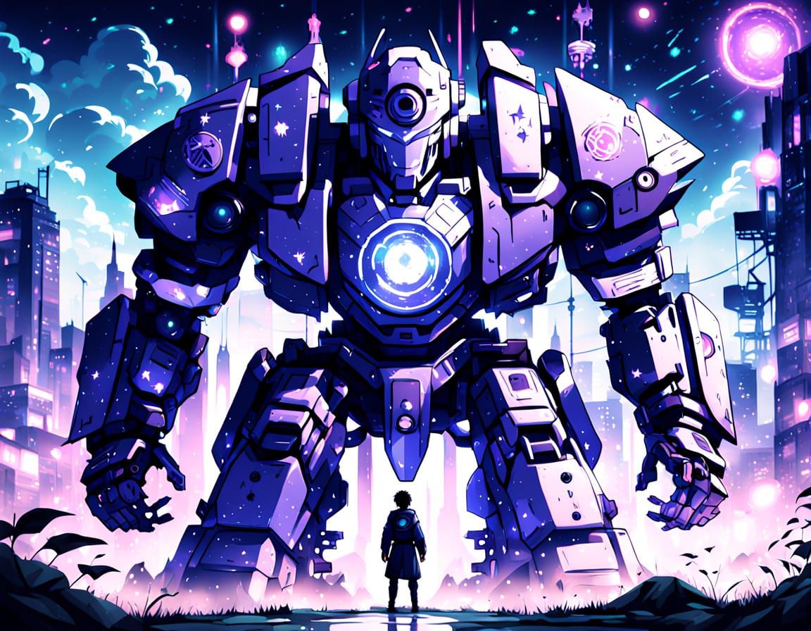 Anime Style Mecha Robot and Boy Under Starry Sky