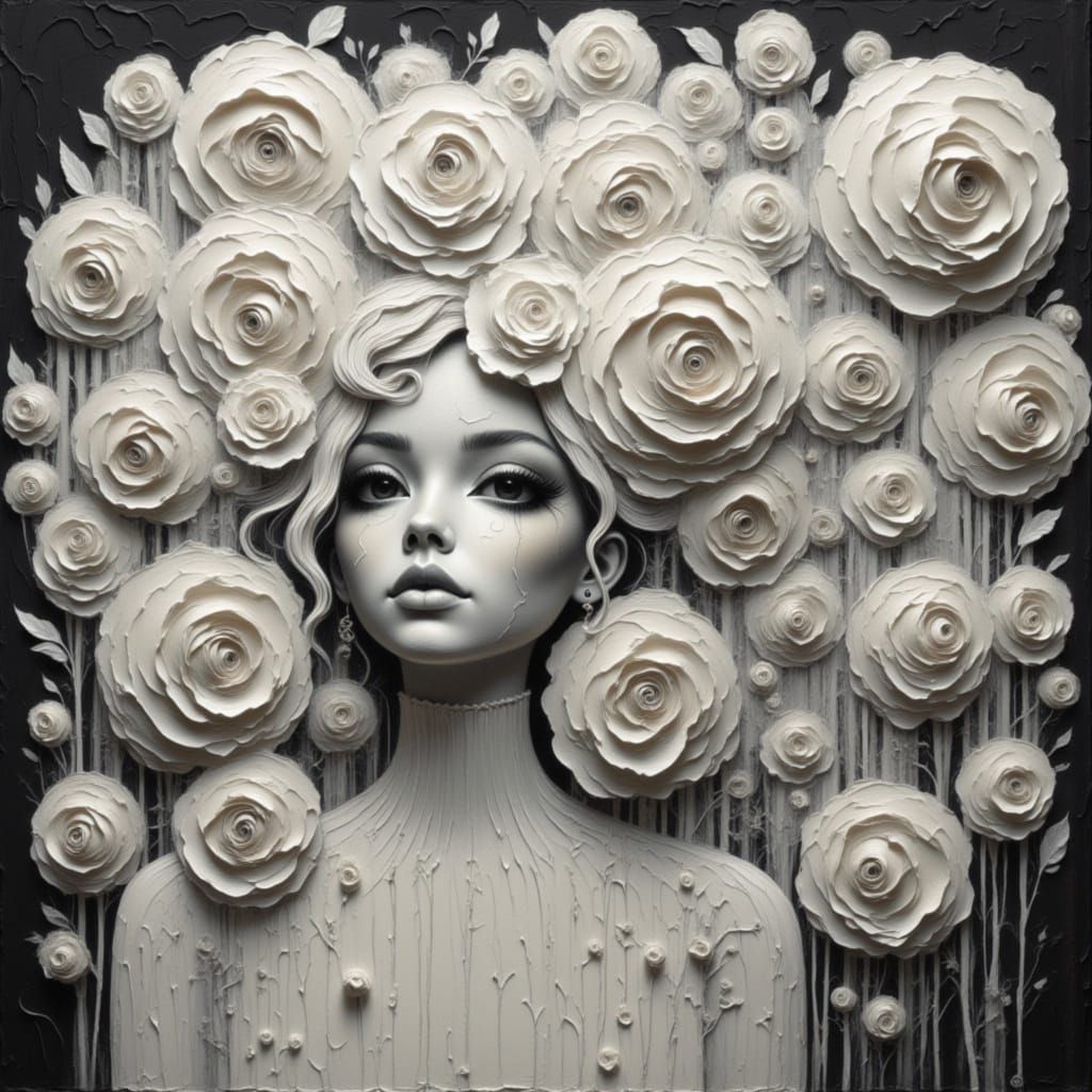 Woman with White Hair and Roses, Surreal Art