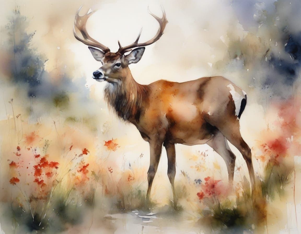 Majestic Red Deer in Ethereal Watercolour Landscape