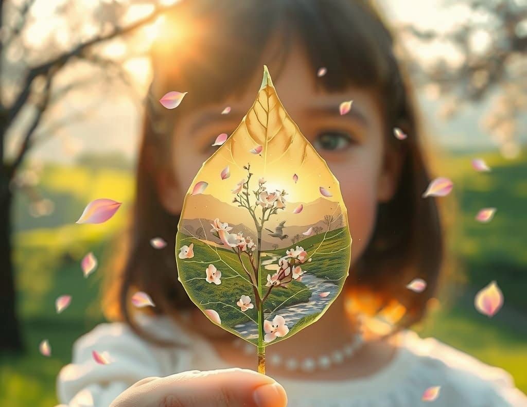 Enchanted Spring: Girl Holds Spring Realm in Leaf