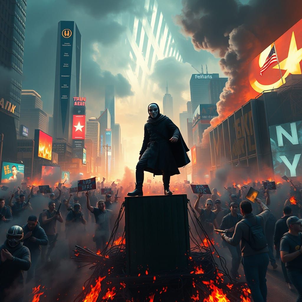 Dystopian Uprising in Neon-Lit Cityscape