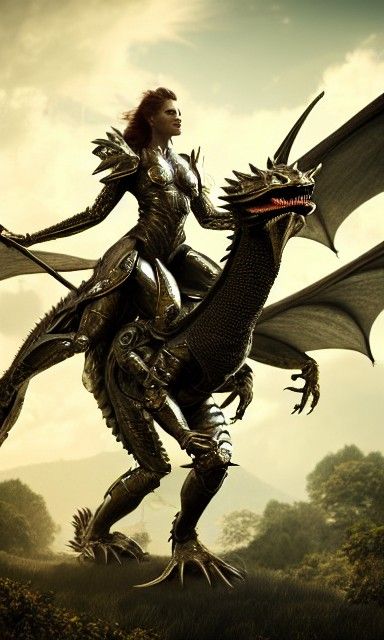 Armored Warrior Woman on Dragon, Photorealistic 8K