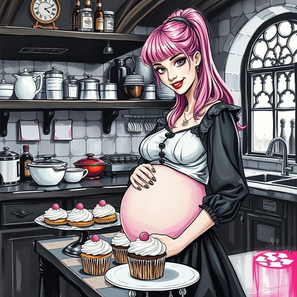 A Pregnant Gothic Siren Delights in Baking