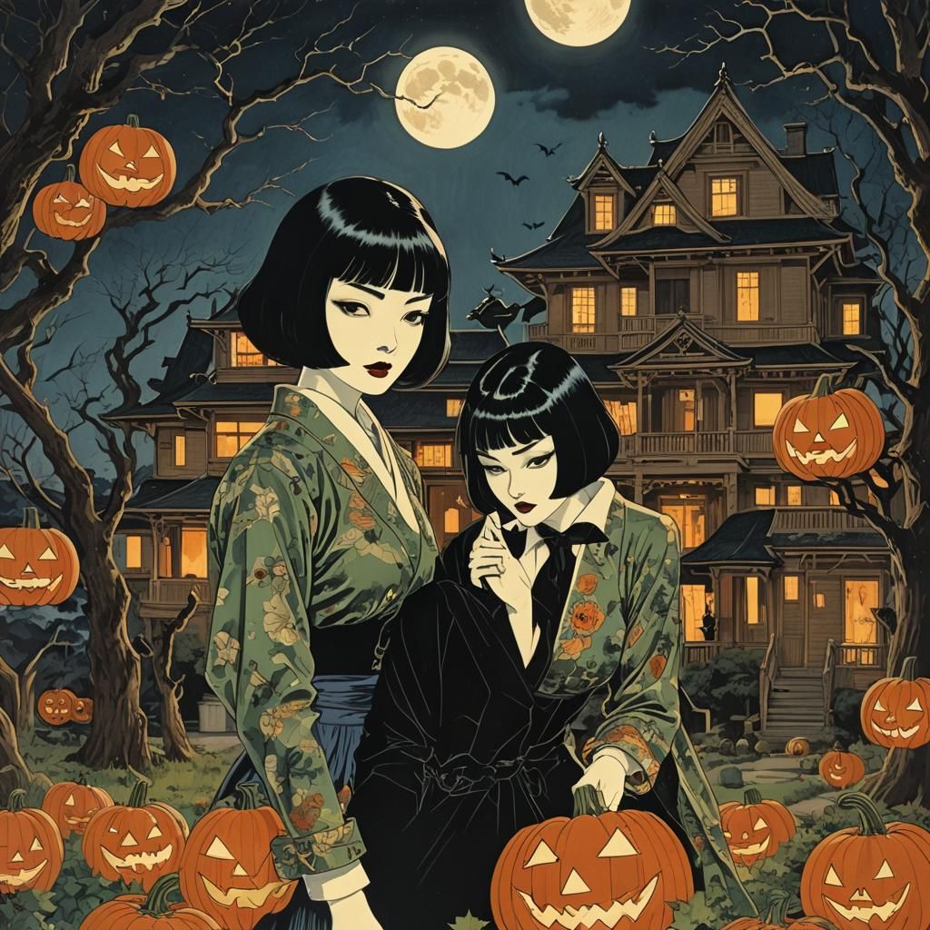 art by Goyo Hashiguchi and Takabatake Kasho. Taisho-era Halloween lesbian pulp fiction collage cover. Vintage Taisho and...