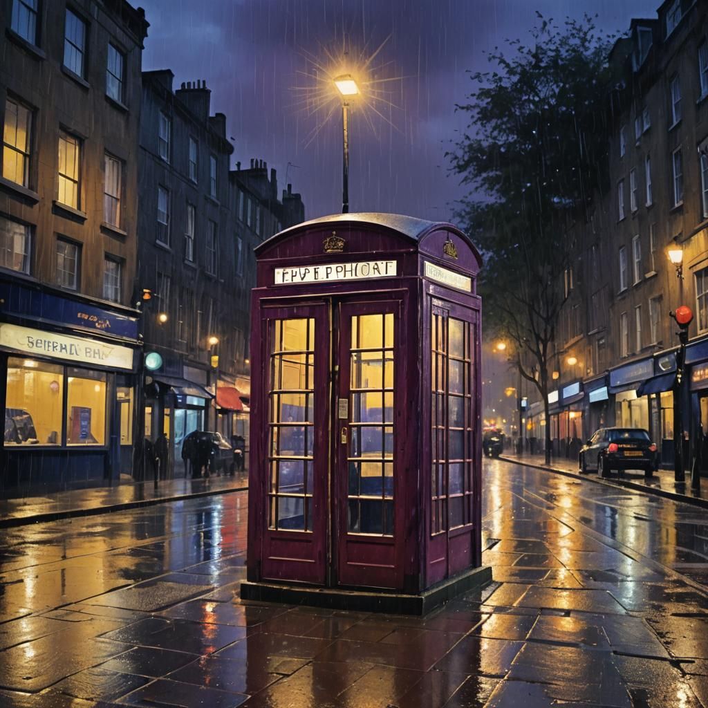 British Phone Booth in Rainy Abstract Expressionism