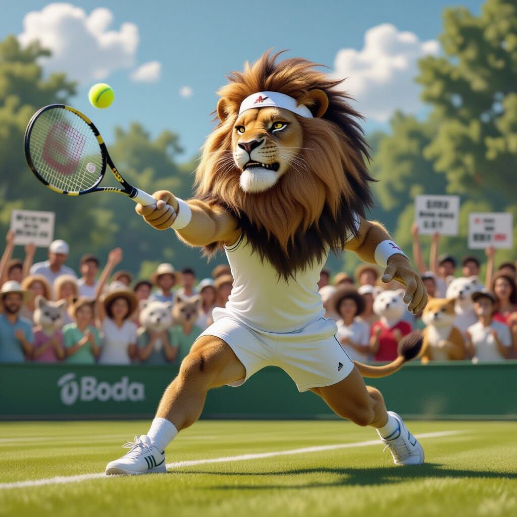 Lion in Tennis Outfit Serves on Grass Court