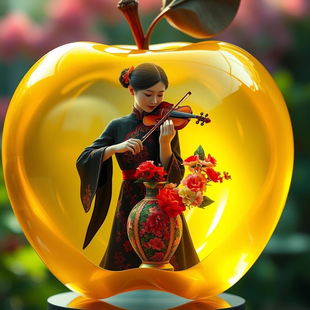 Glass Apple Macro: Girl, Violin, and Garden