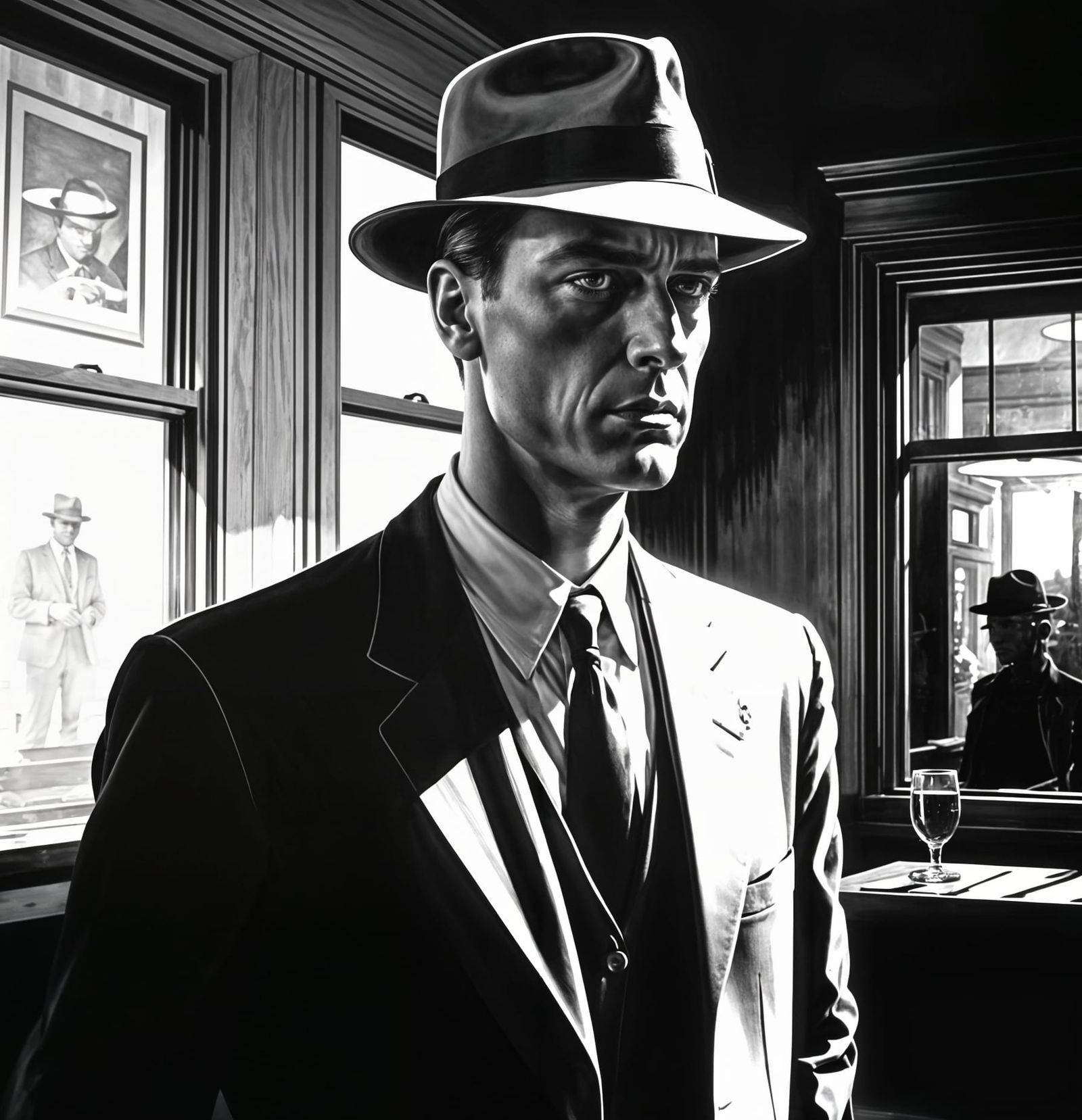 Monochromatic Film Noir Portrait in Hopper Style
