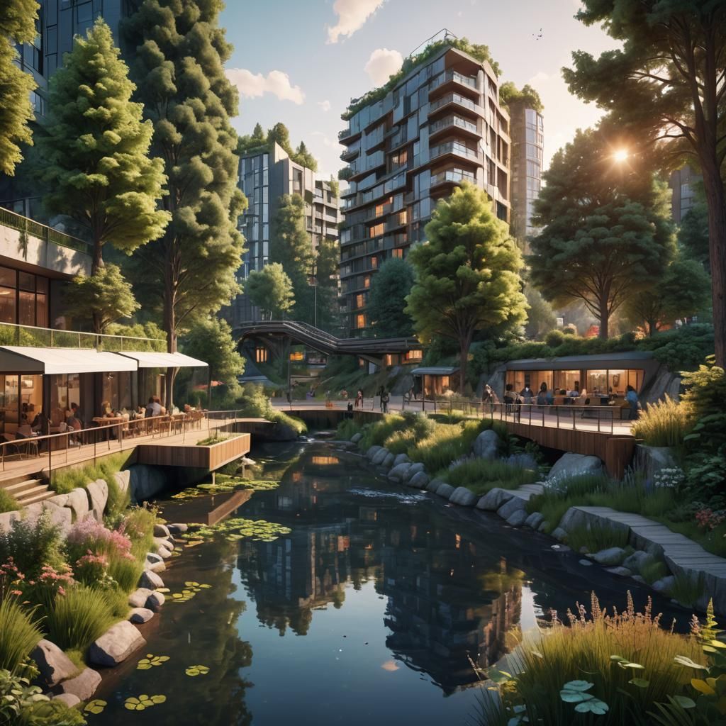 Lush Urban Park with River and Cafes at Sunset