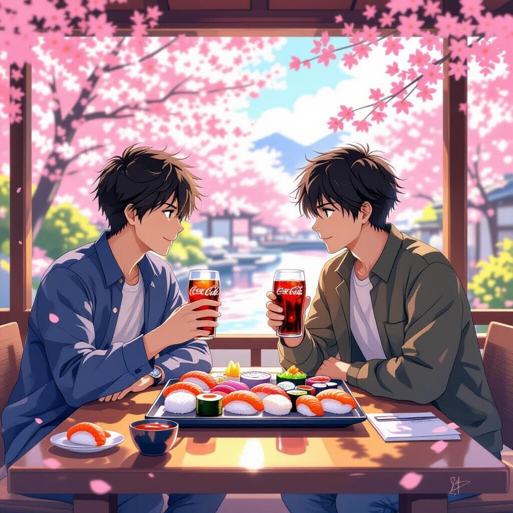 Brothers Enjoy Sushi & Coke at Japanese Restaurant