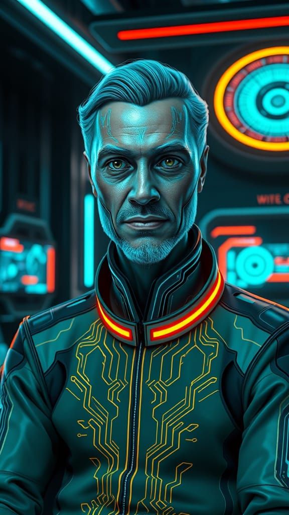 Futuristic AGI Mentor in Cyberpunk Style