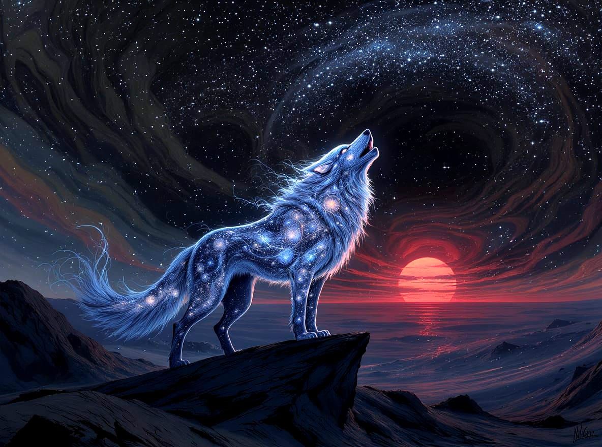 Celestial Wolf Howling at Binary Sunset in Gothic Fantasy St...