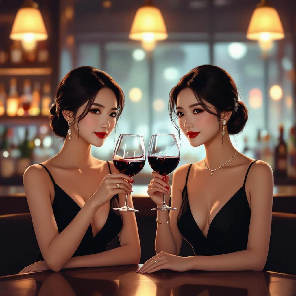 Elegant Korean Ladies Enjoy Wine At Sophisticated Bar