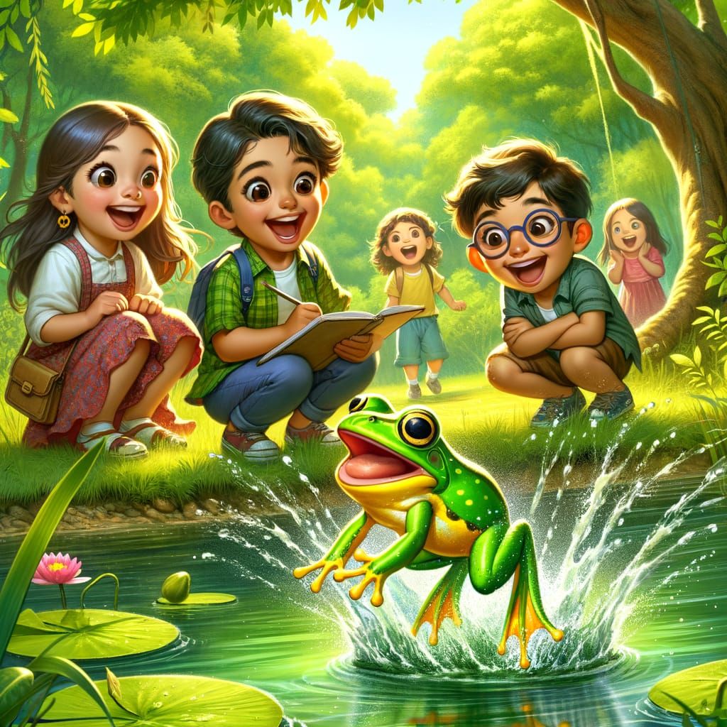 Frog's Joyful Leap Watched by Children