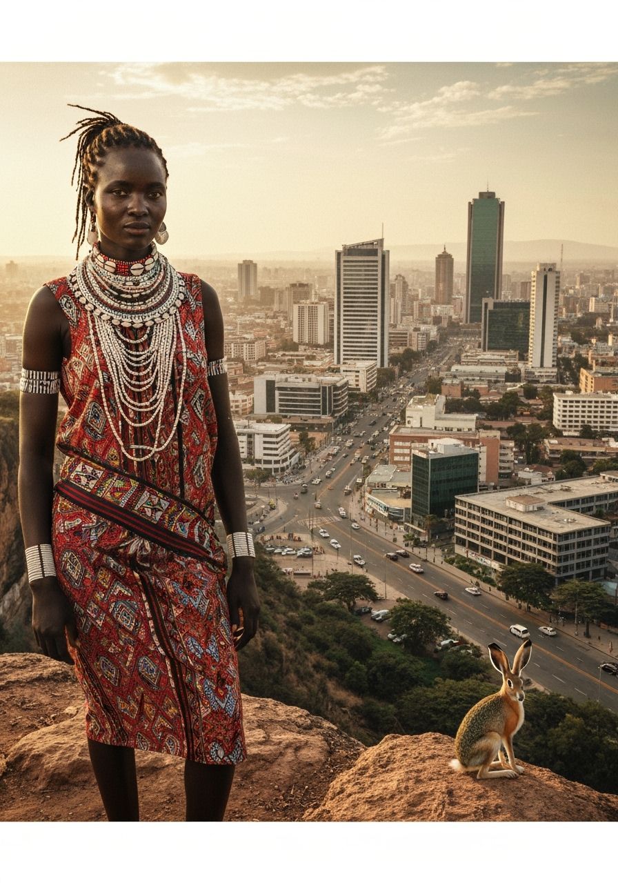 Maasai Woman Overlooking Modern Cityscape