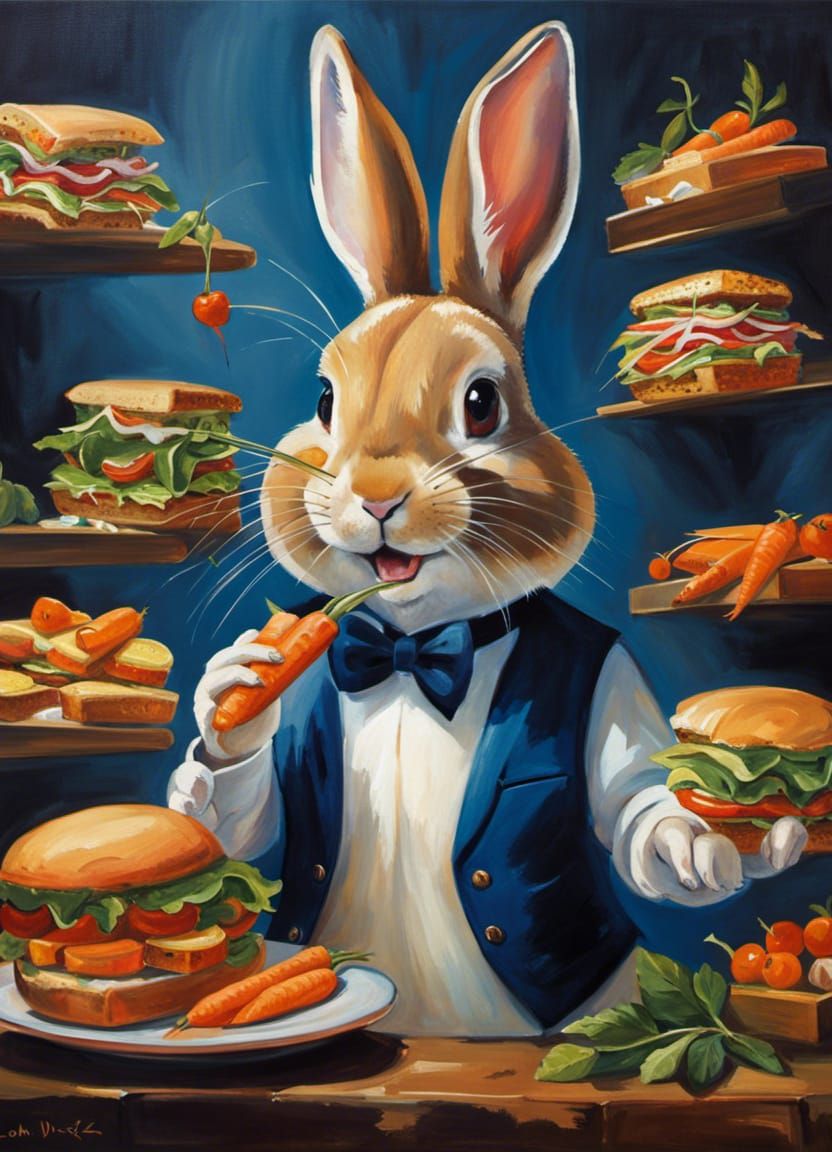 Rabbit in Waistcoat Enjoys Carrot Sandwiches as Oil Painting
