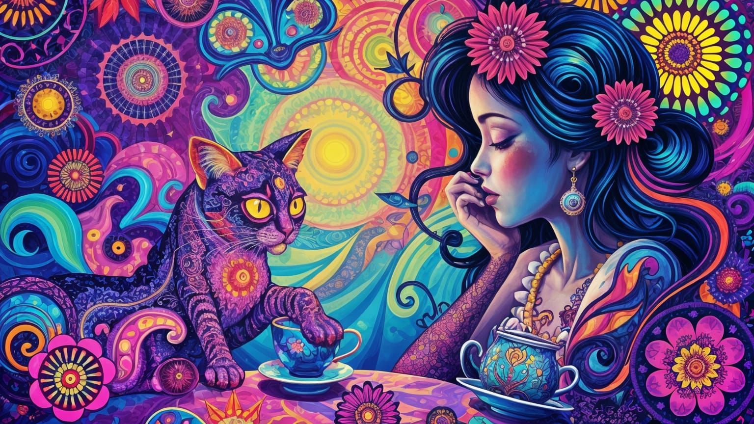 Psychedelic Tea Party with Cat and Woman