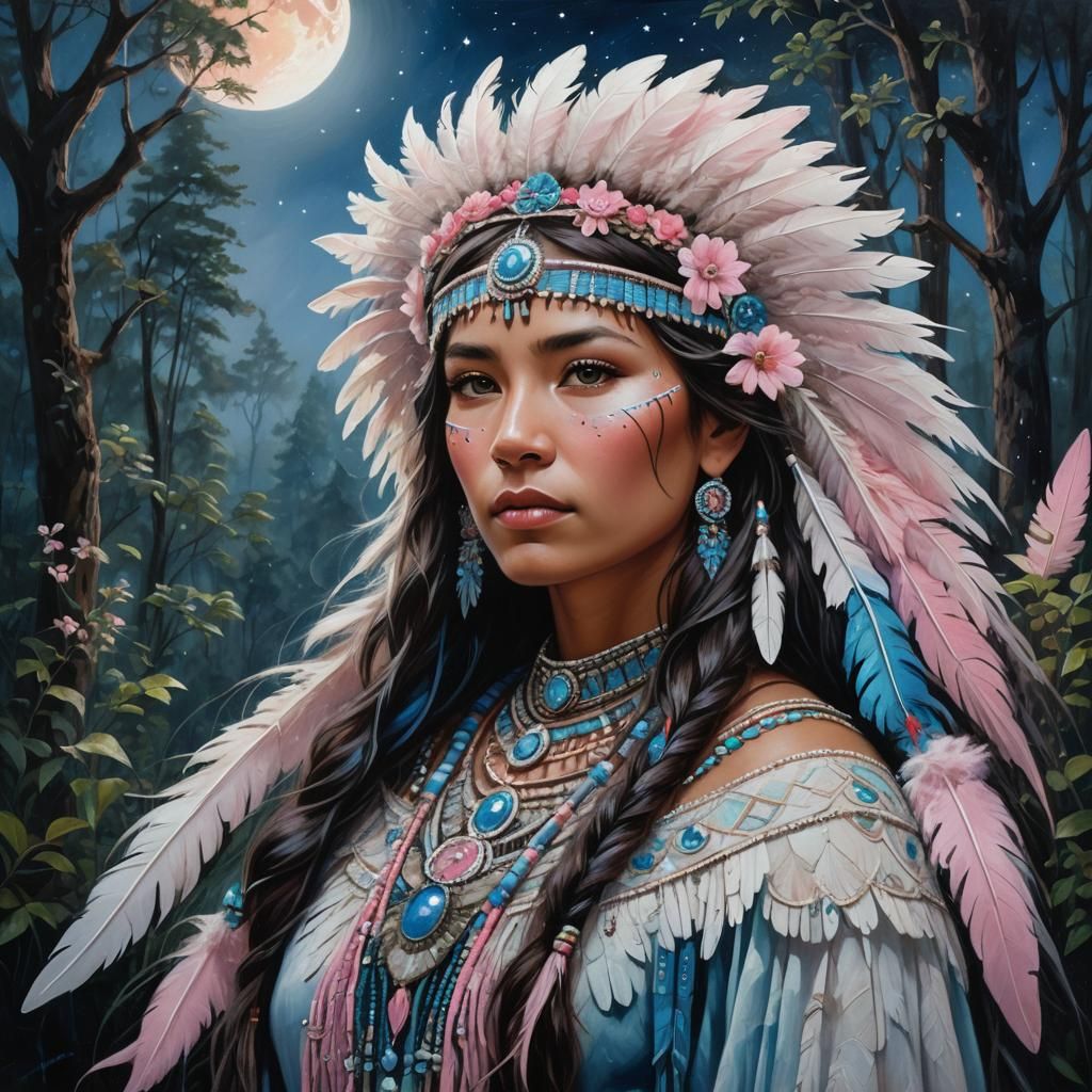 Mystical Native American Princess Portrait in Ethereal Fores...