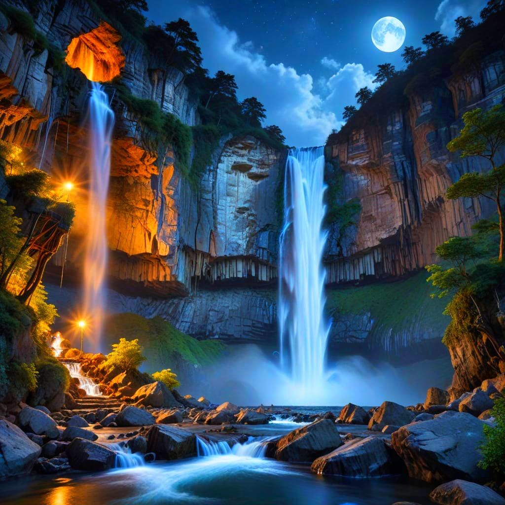 Moonlit Falls in Dreamlike Beauty