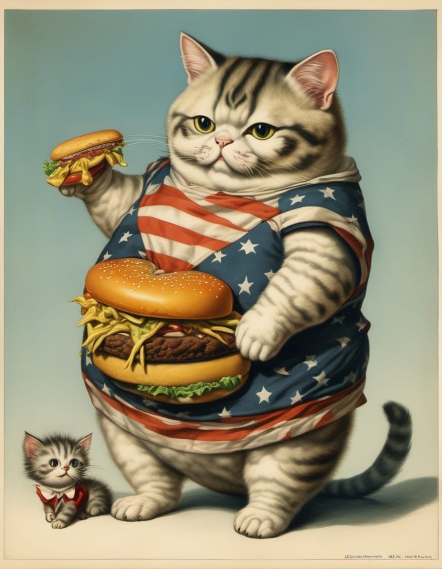 Kitten Wearing Boxing Gloves Eating Cheeseburger