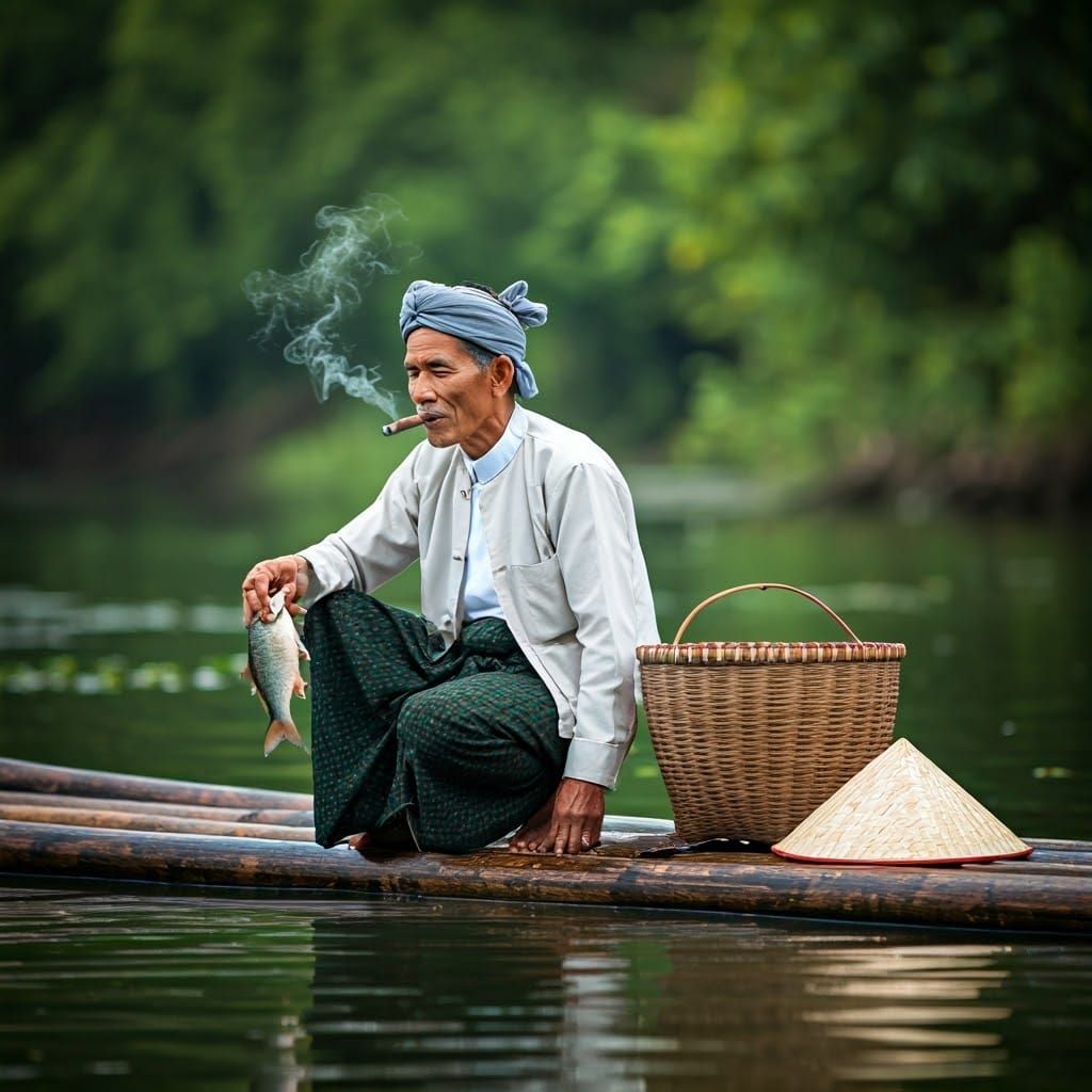 Myanmar Fisherman on Raft in Calm River