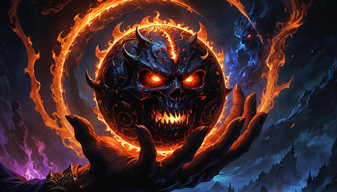 Demonic Hand Holding Hellfire Orb in Dark Realm