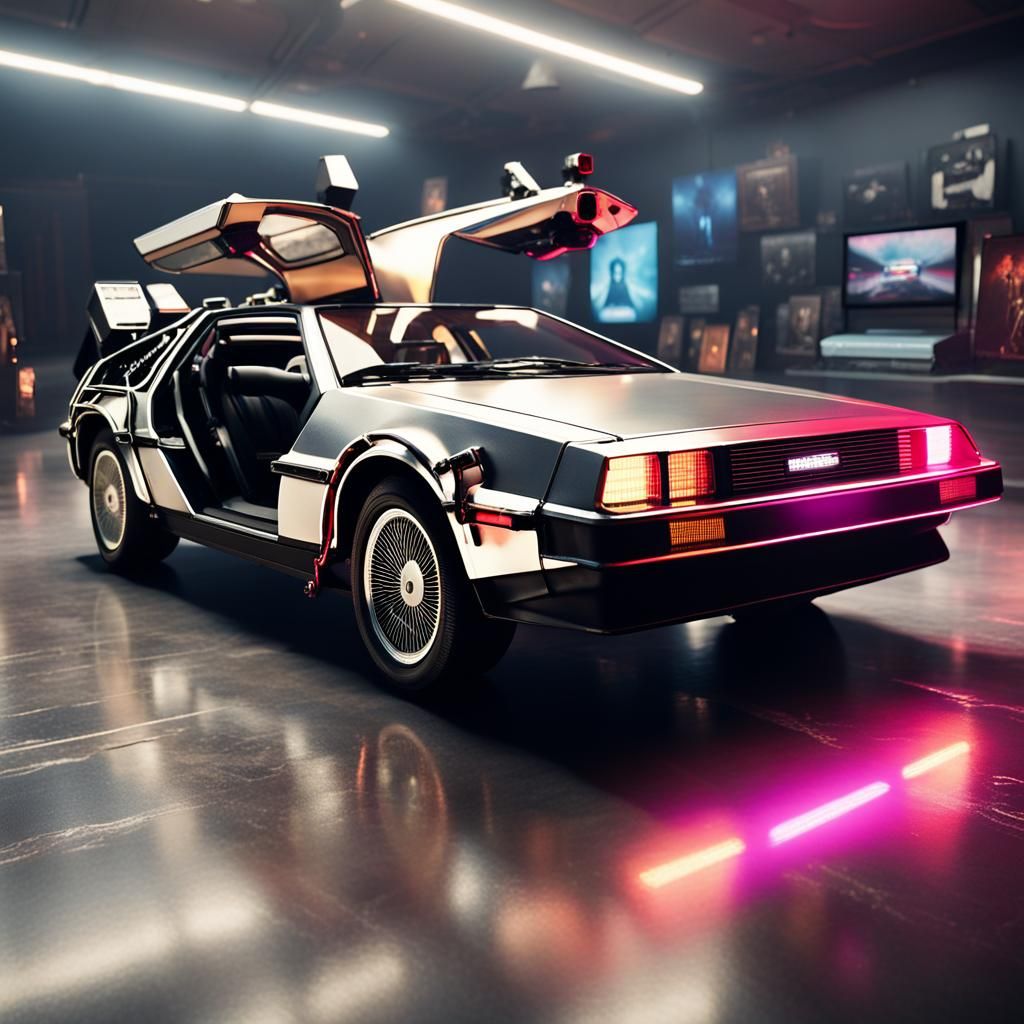 DeLorean in Modern Showroom: Cinematic Art