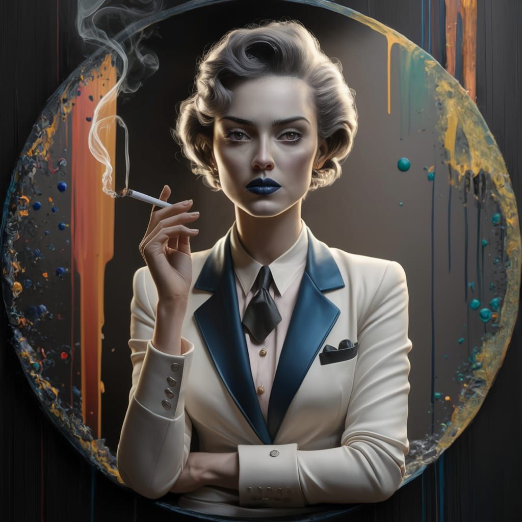 Front view of An aloof, smartly dressed woman smoking a ciga...