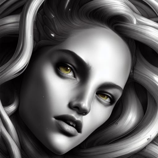 Grayscale Ink Portrait of Medusa in Art Nouveau Style