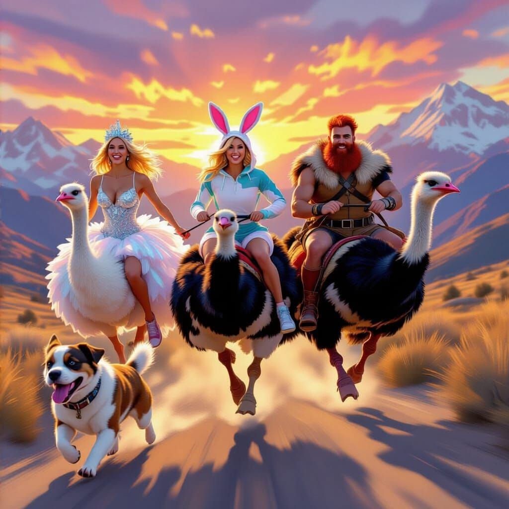 Ostrich Race in Mountains with Sunset