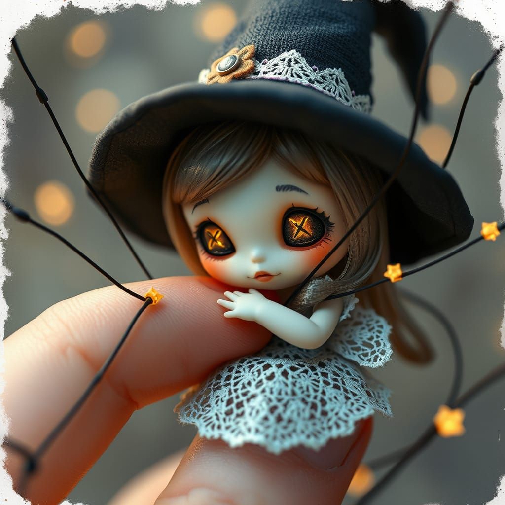 A chibi voodoo doll in a tiny witch hat hugs a human finger ...