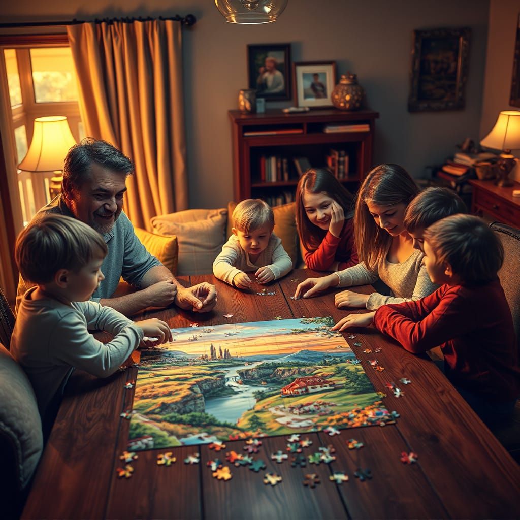 Cozy Family Puzzle Night in Warm, Golden Lighting